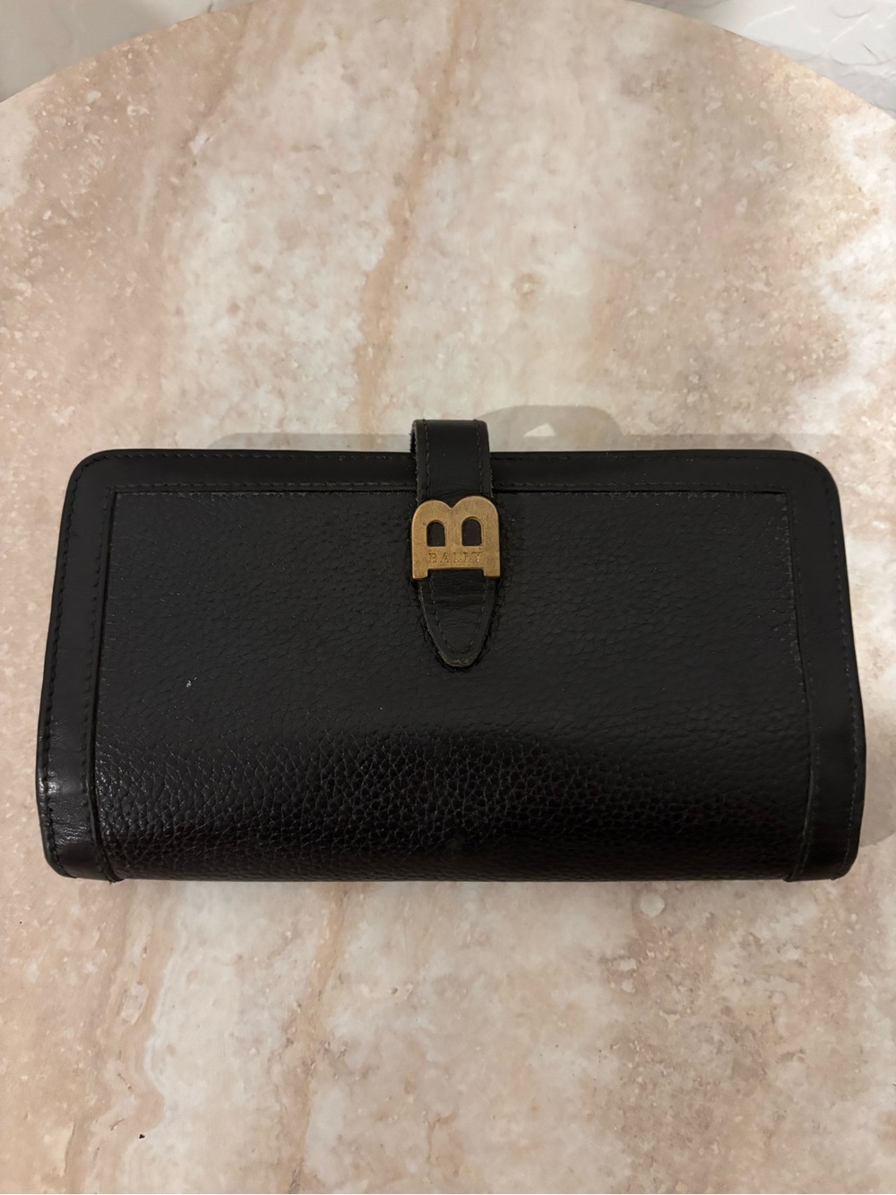 Bally Black Leather Wallet with Gold B Snap